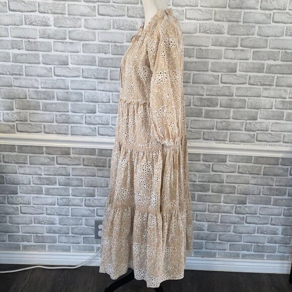Chicos Cotton Eyelet Tiered Maxi Dress Long Bishop Sleeve Cottage Prairie Med - Picture 3 of 9